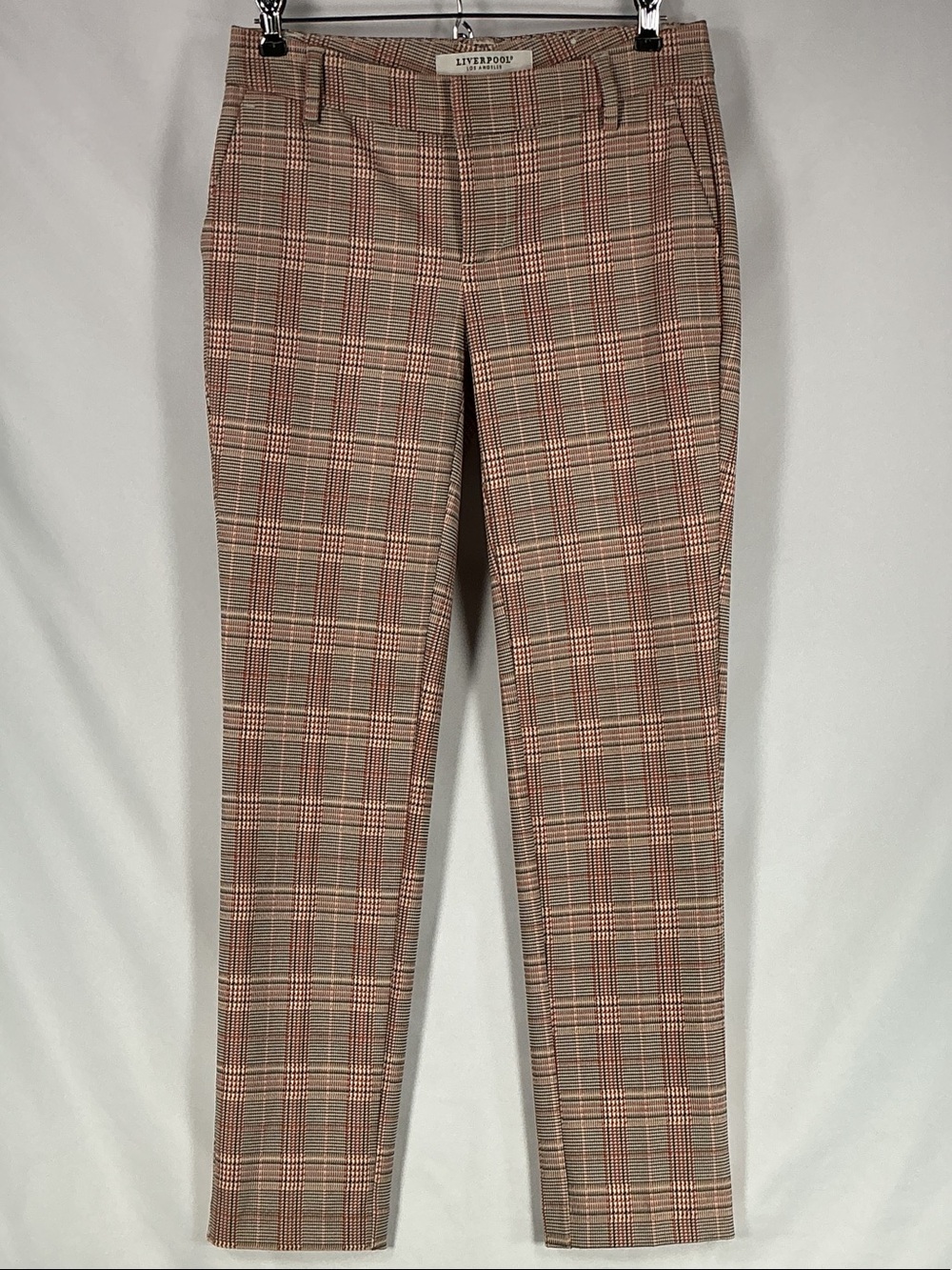 Liverpool Los Angeles Plaid Slim Trousers Brown Rust Cream Size 0/25